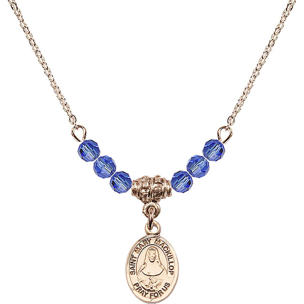 14kt Gold Filled Saint Mary Mackillop Birthstone Necklace with Sapphire Beads - 9425