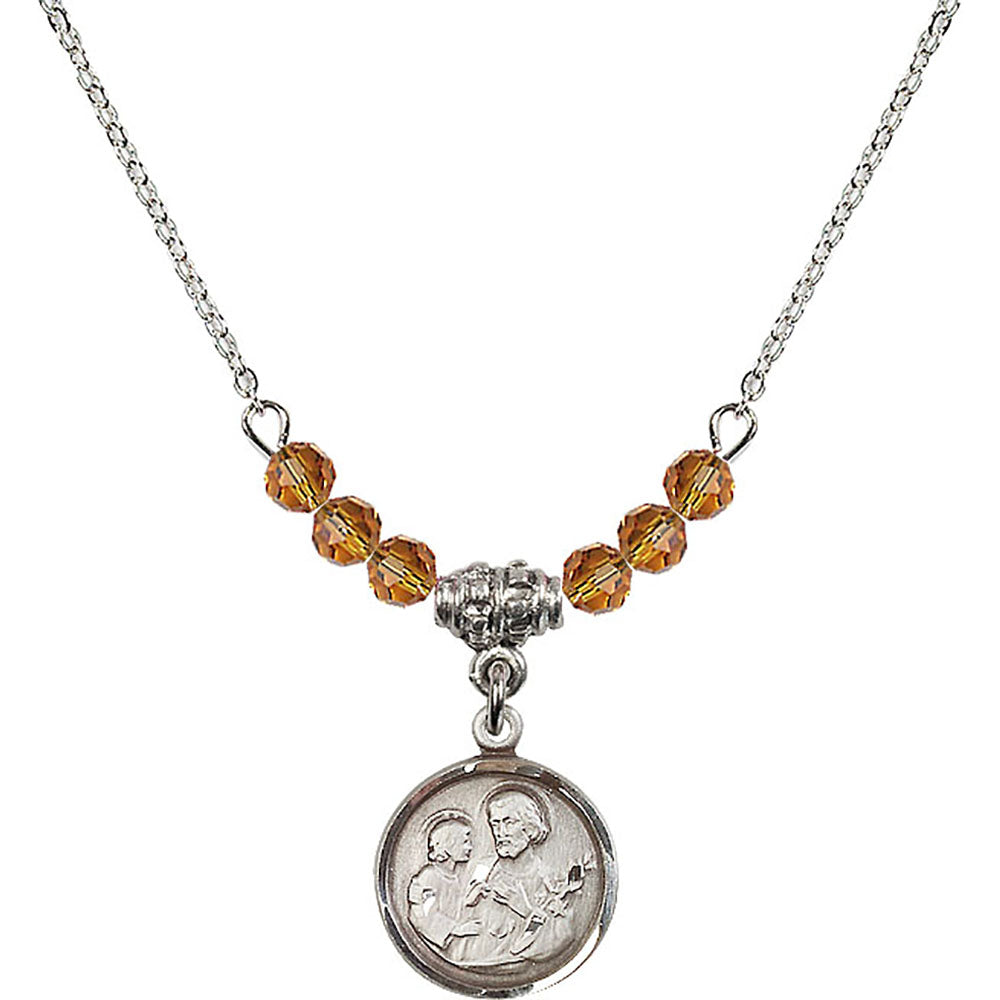 Sterling Silver Saint Joseph Birthstone Necklace with Topaz Beads - 0601