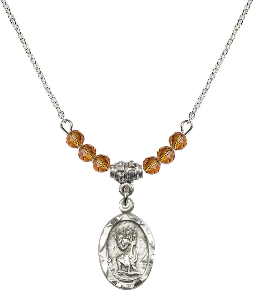 Sterling Silver Saint Christopher Birthstone Necklace with Topaz Beads - 0612