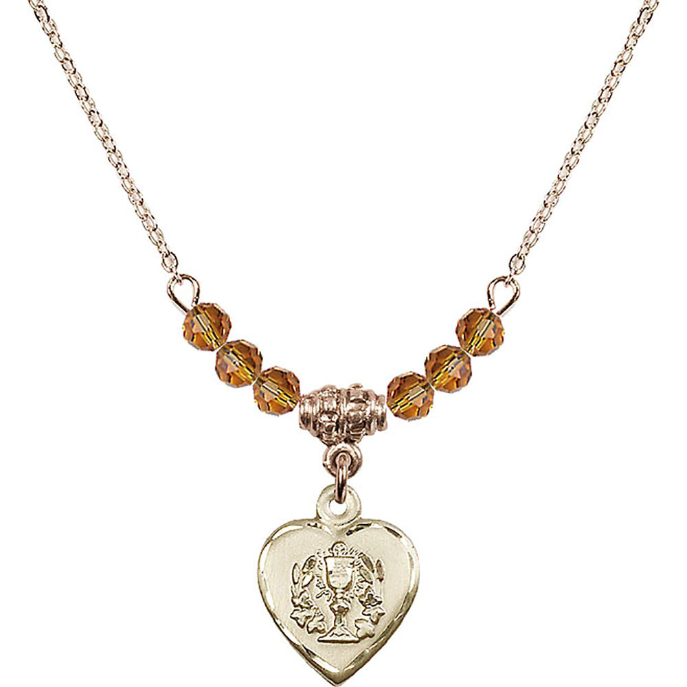 14kt Gold Filled Heart / Communion Birthstone Necklace with Topaz Beads - 0892