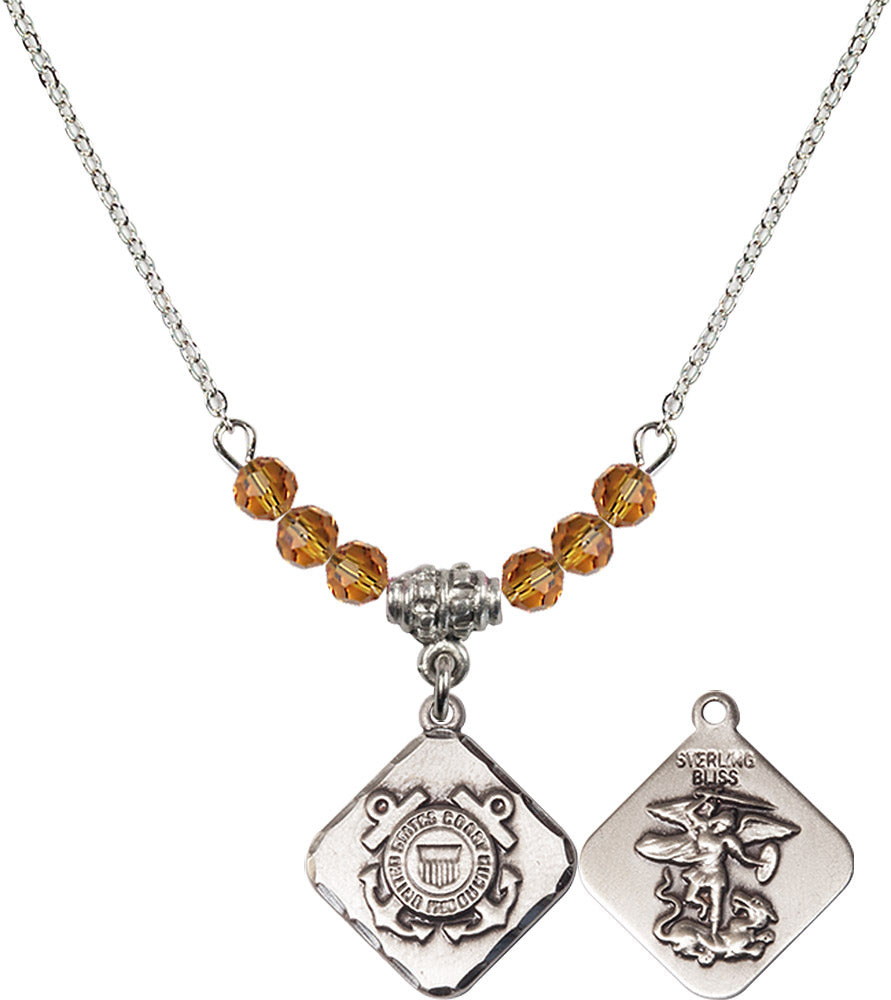 Sterling Silver Coast Guard Diamond Birthstone Necklace with Topaz Beads - 1180