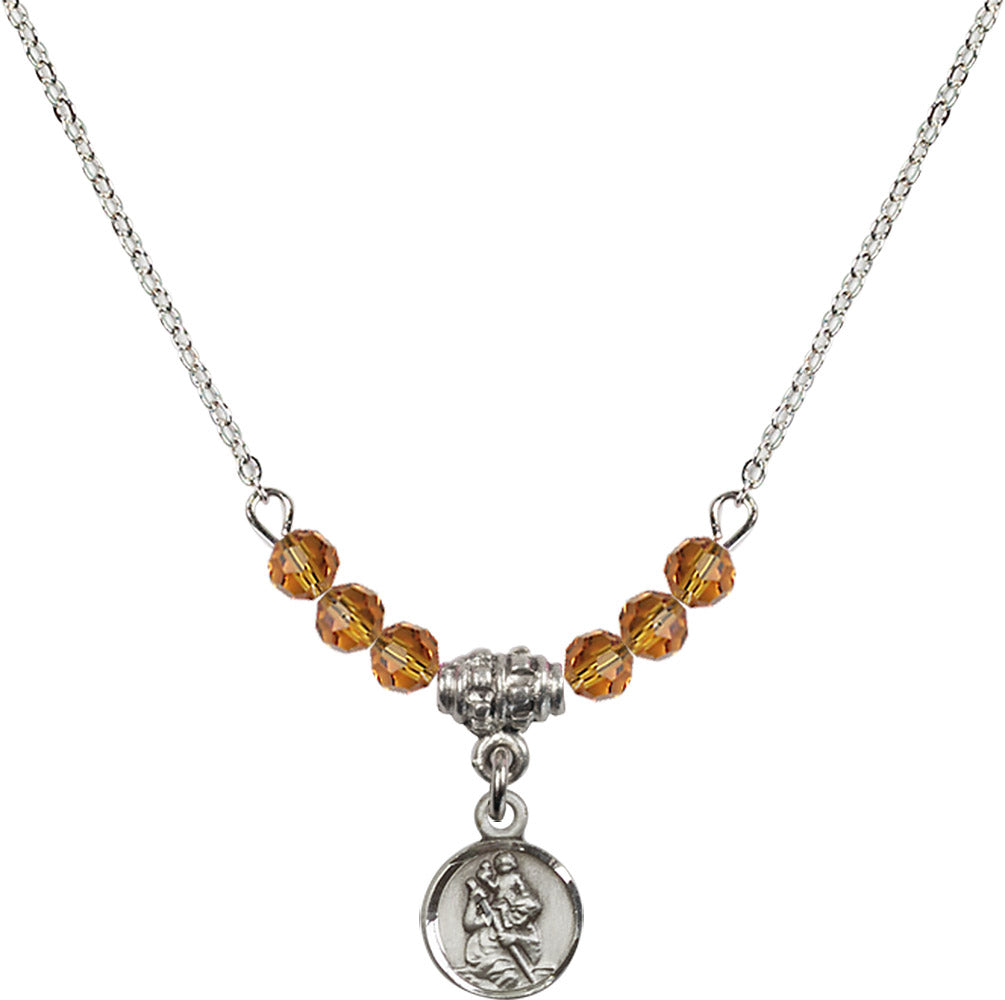 Sterling Silver Saint Christopher Birthstone Necklace with Topaz Beads - 2343