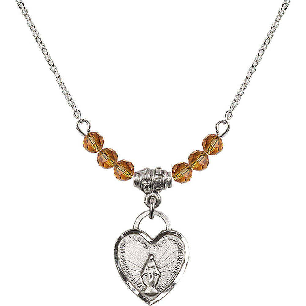 Sterling Silver Miraculous Heart Birthstone Necklace with Topaz Beads - 3401