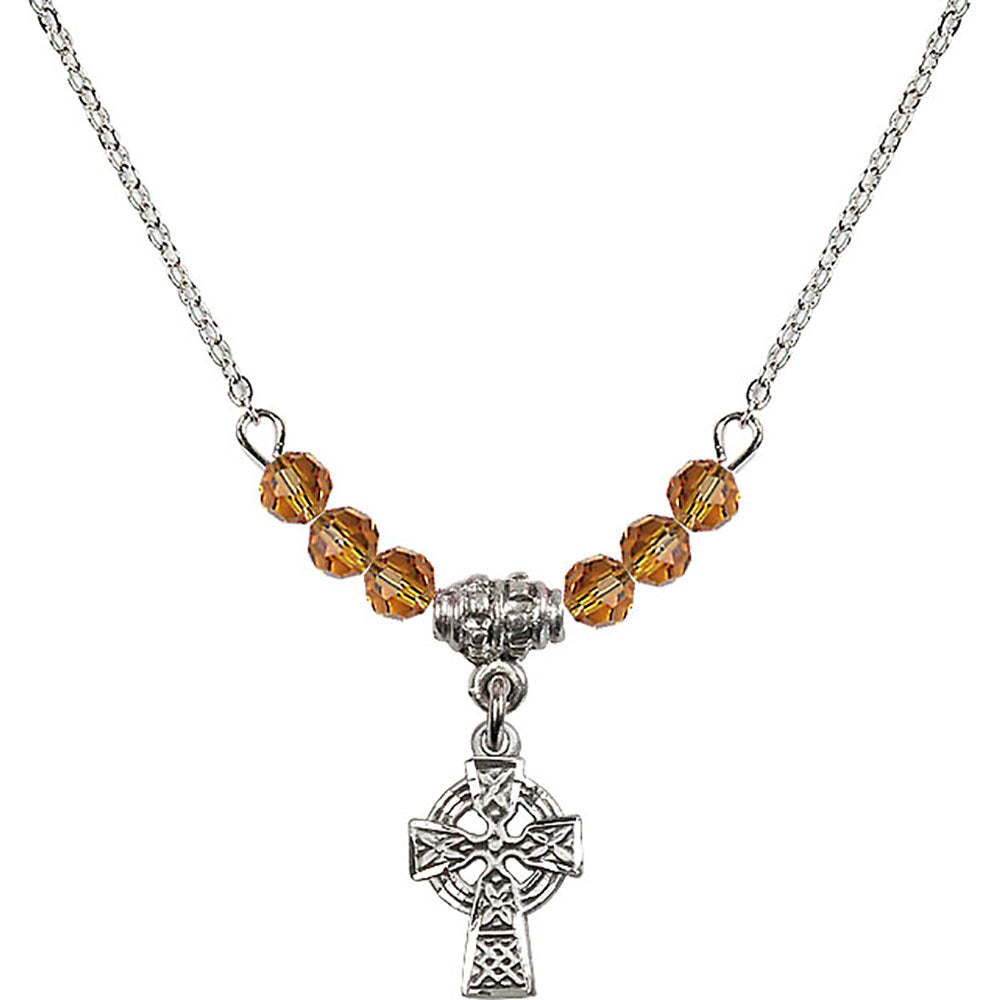 Sterling Silver Celtic Cross Birthstone Necklace with Topaz Beads - 4133