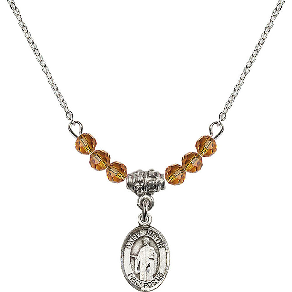 Sterling Silver Saint Justin Birthstone Necklace with Topaz Beads - 9052