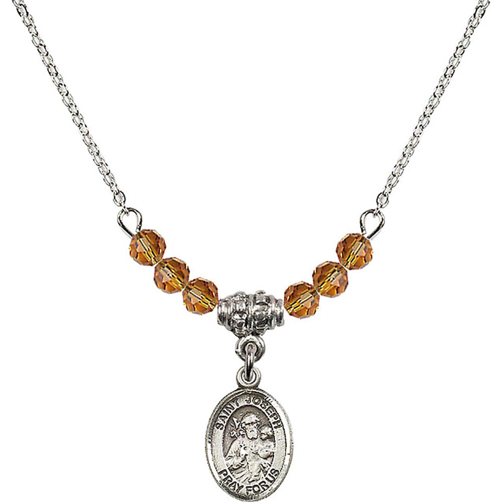 Sterling Silver Saint Joseph Birthstone Necklace with Topaz Beads - 9058
