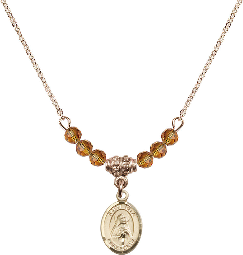 14kt Gold Filled Saint Rita / Baseball Birthstone Necklace with Topaz Beads - 9181