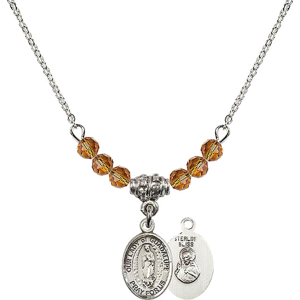 Sterling Silver Our Lady of Guadalupe Birthstone Necklace with Topaz Beads - 9206