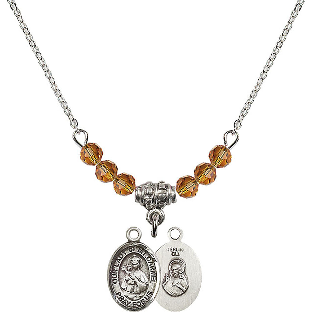 Sterling Silver Our Lady of Mount Carmel Birthstone Necklace with Topaz Beads - 9243