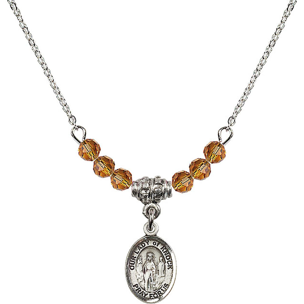 Sterling Silver Our Lady of Knock Birthstone Necklace with Topaz Beads - 9246