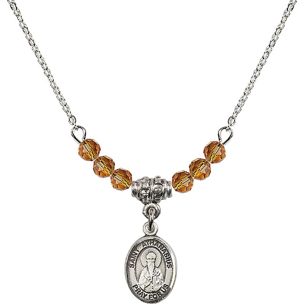 Sterling Silver Saint Athanasius Birthstone Necklace with Topaz Beads - 9296