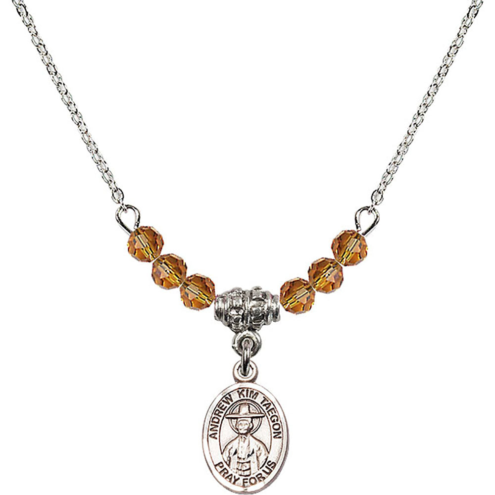 Sterling Silver Saint Andrew Kim Taegon Birthstone Necklace with Topaz Beads - 9373