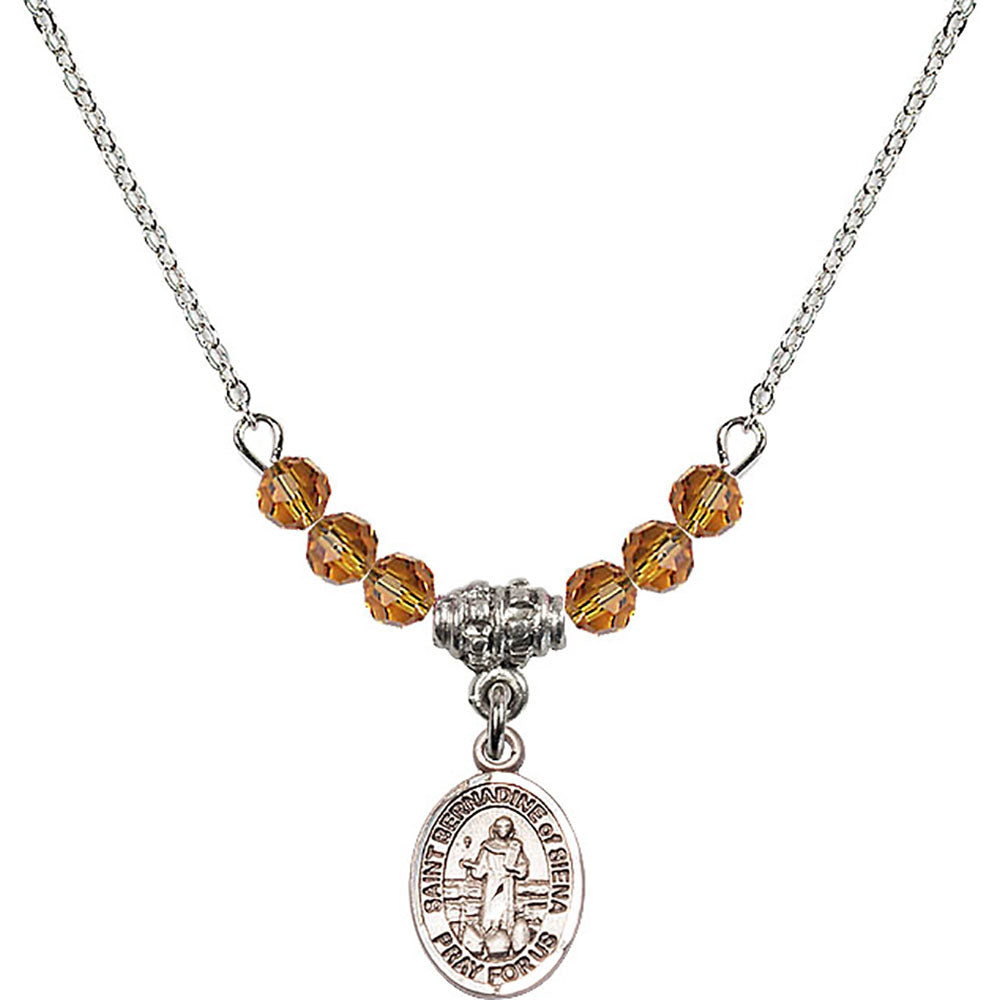 Sterling Silver Saint Bernadine of Sienna Birthstone Necklace with Topaz Beads - 9387