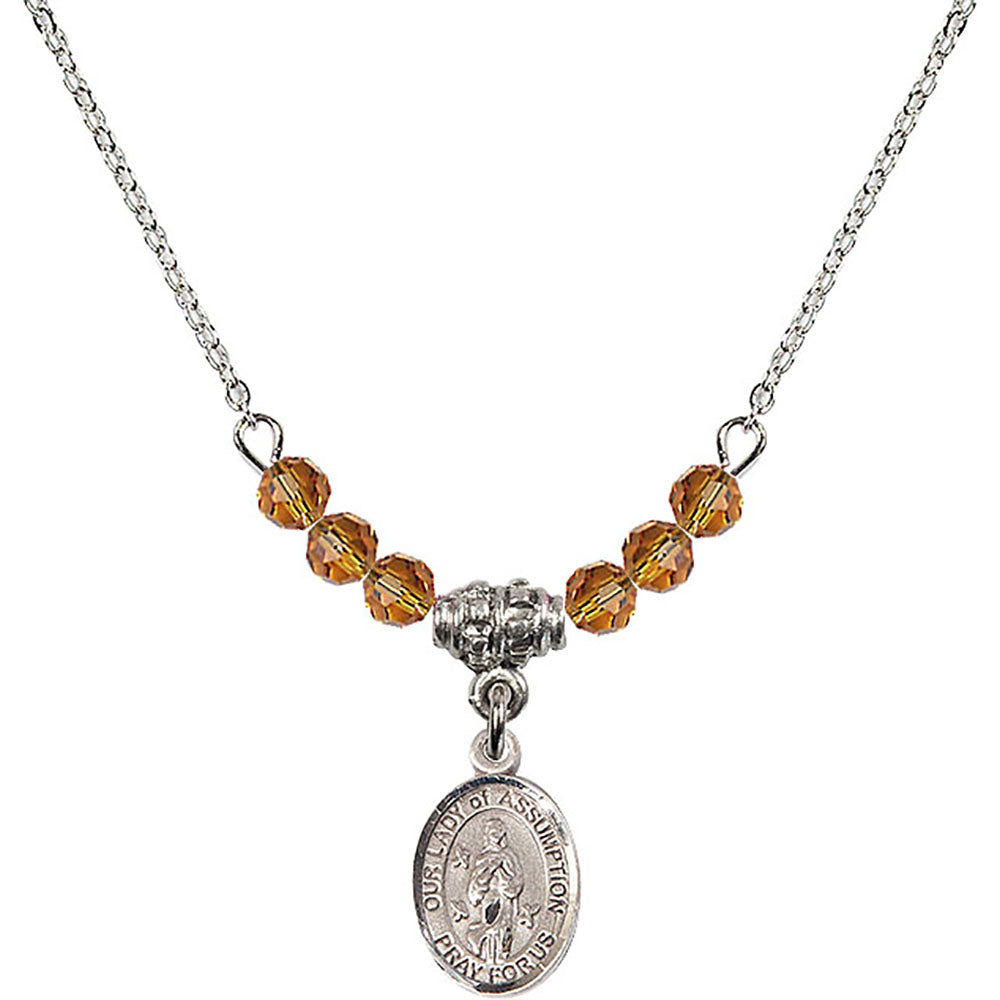 Sterling Silver Our Lady of Assumption Birthstone Necklace with Topaz Beads - 9388
