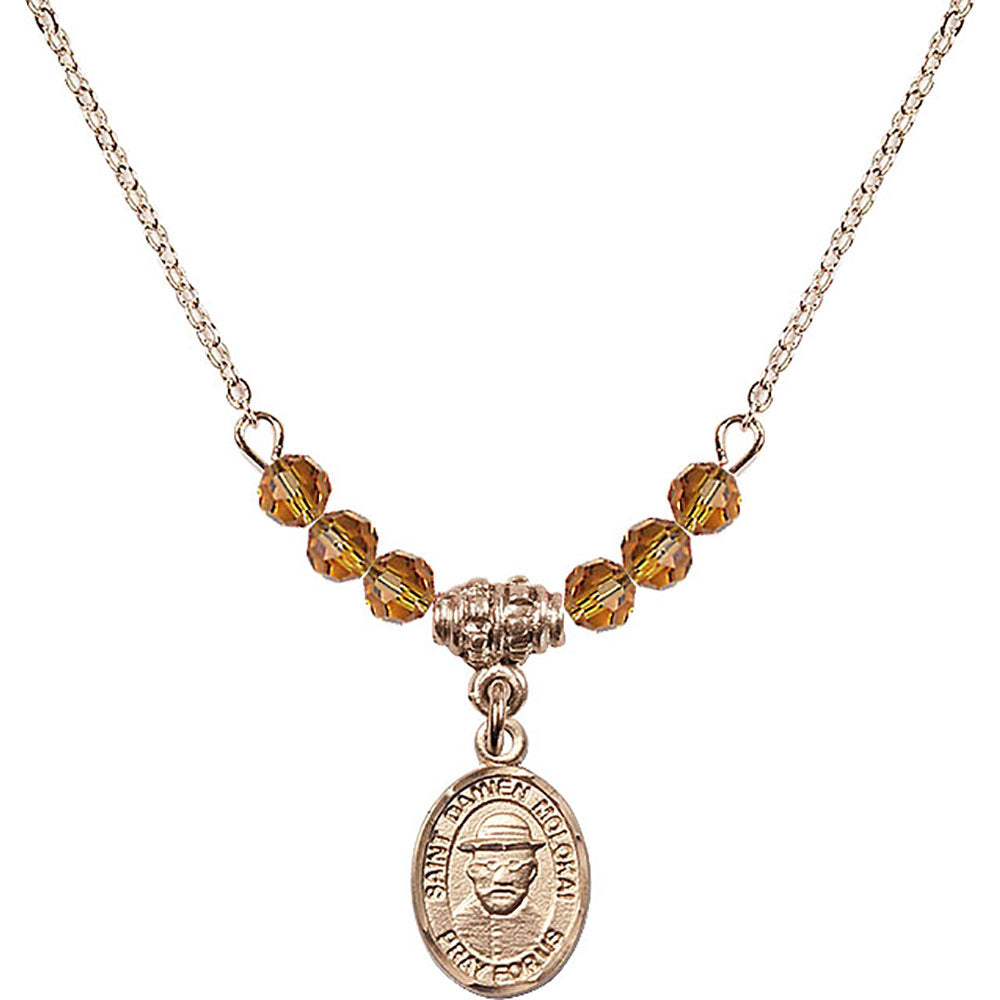14kt Gold Filled Saint Damien of Molokai Birthstone Necklace with Topaz Beads - 9412
