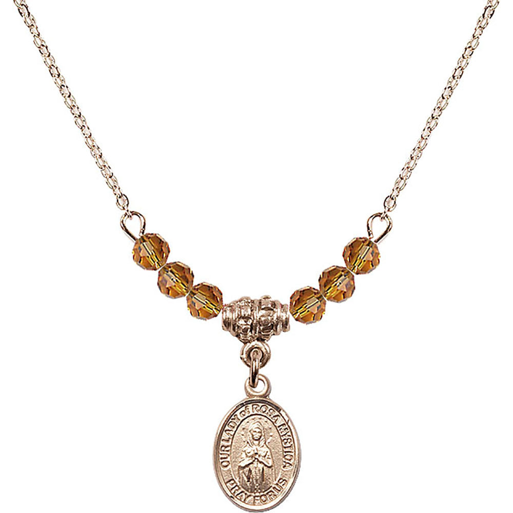 14kt Gold Filled Our Lady of Rosa Mystica Birthstone Necklace with Topaz Beads - 9413