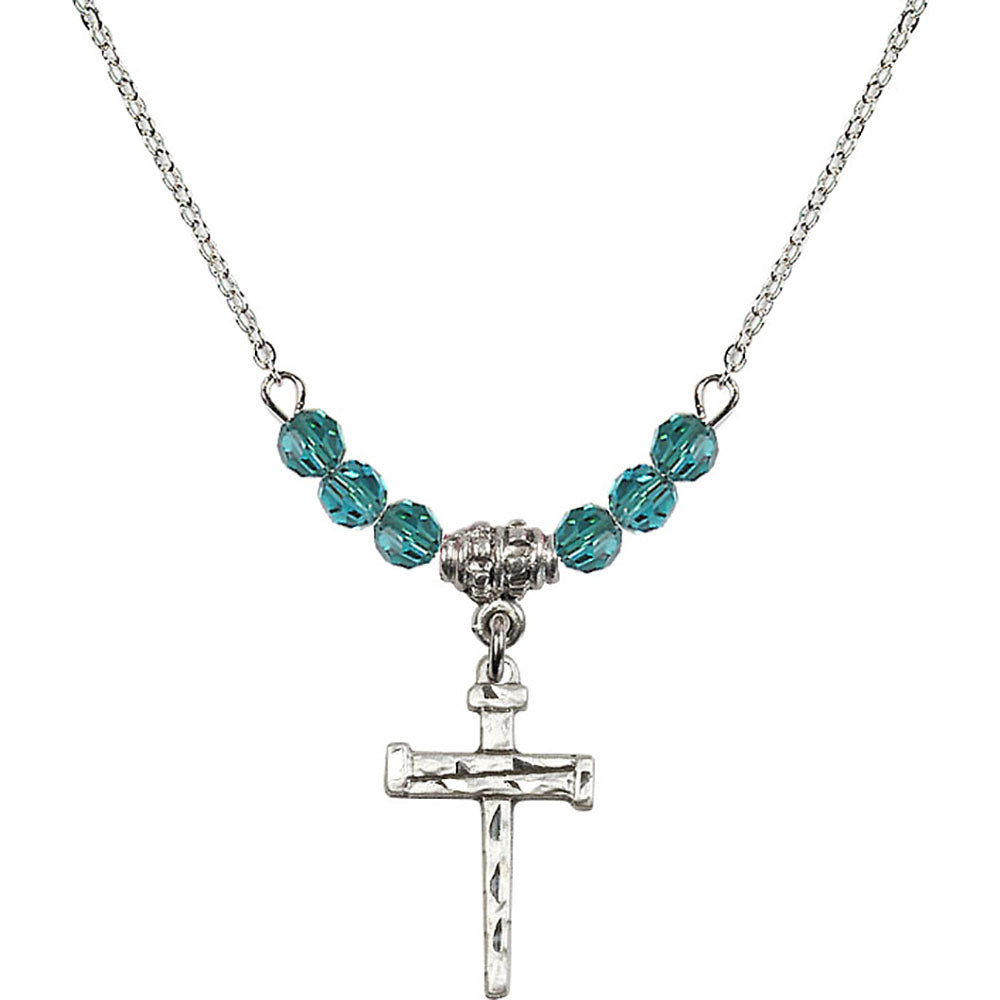 Sterling Silver Nail Cross Birthstone Necklace with Zircon Beads - 0012