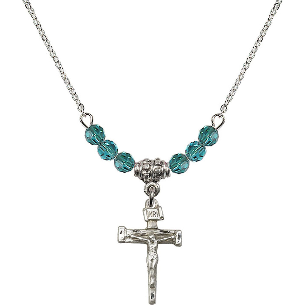 Sterling Silver Nail Crucifix Birthstone Necklace with Zircon Beads - 0072