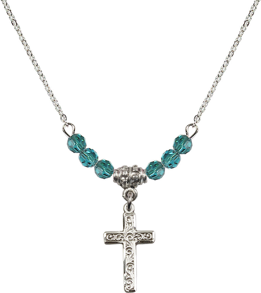 Sterling Silver Cross Birthstone Necklace with Zircon Beads - 0672