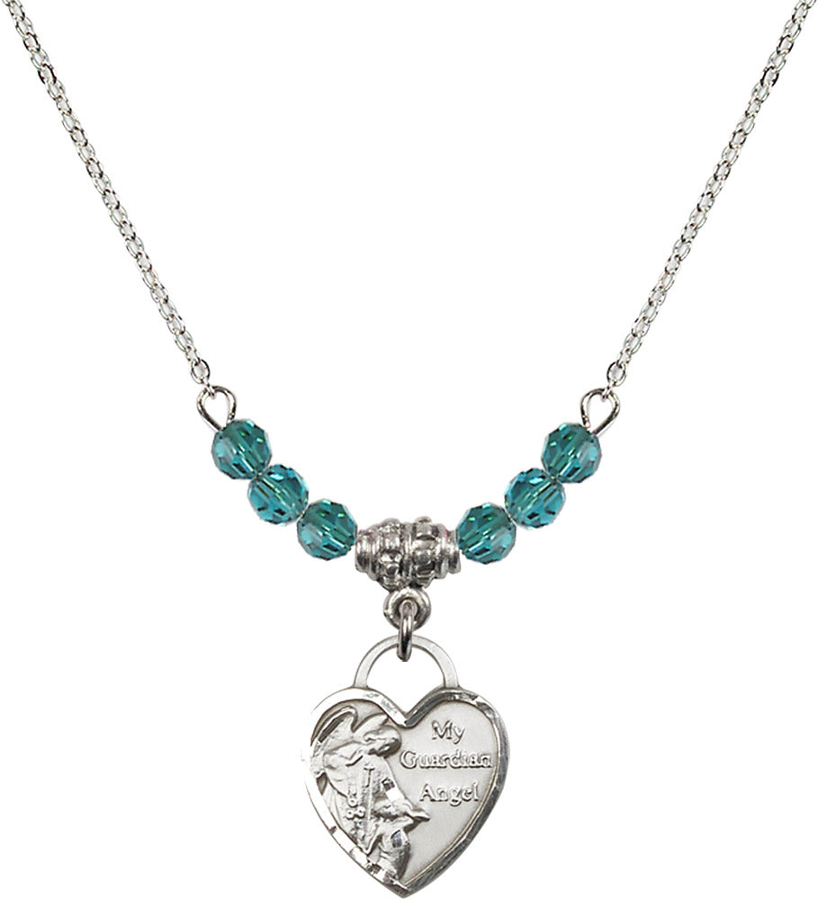 Sterling Silver Guardian Angel Heart Birthstone Necklace with Zircon Beads - 3402