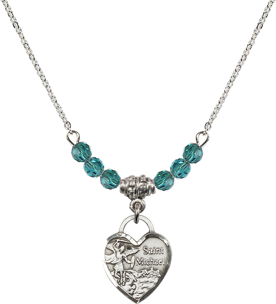 Sterling Silver Saint Michael Heart Birthstone Necklace with Zircon Beads - 3403