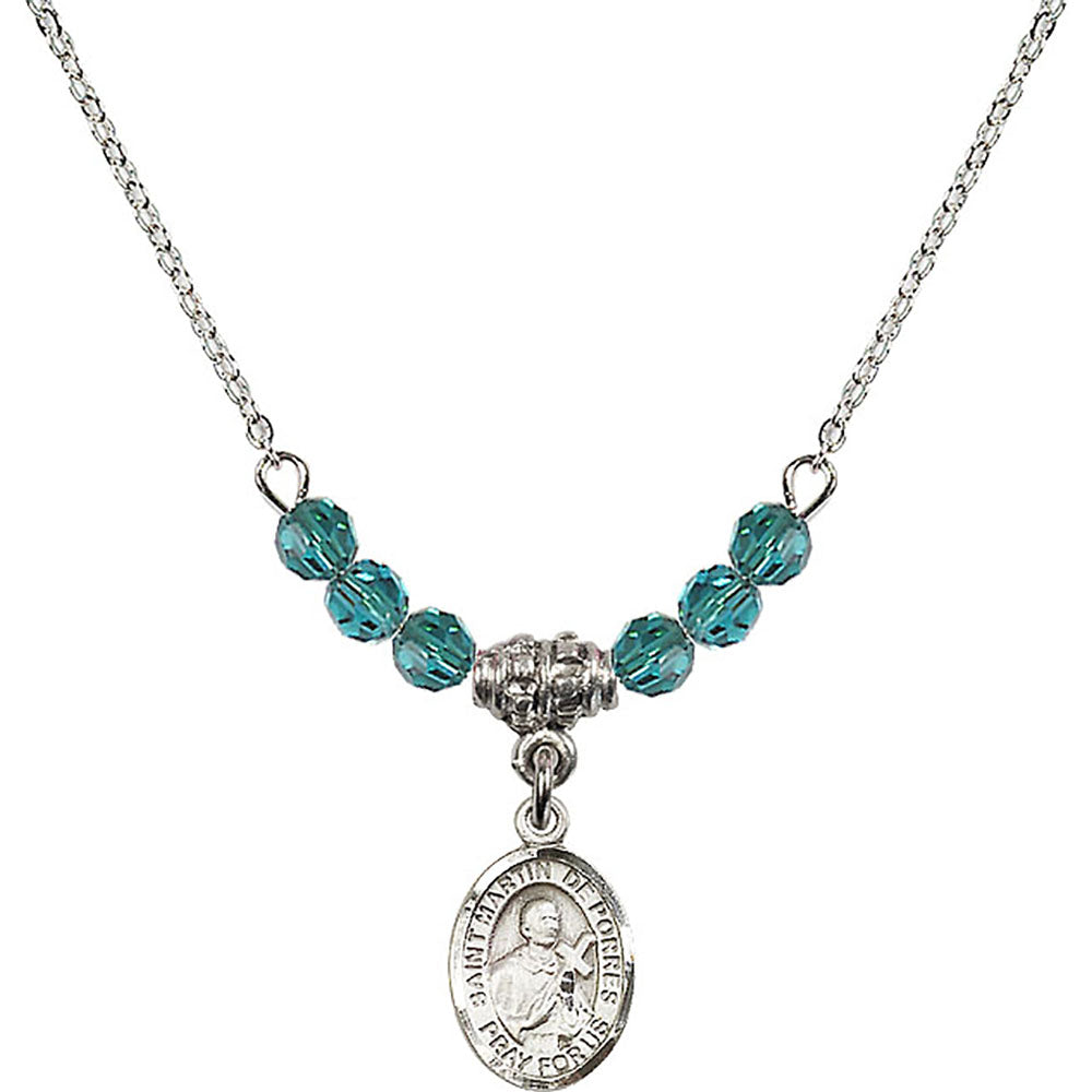 Sterling Silver Saint Martin de Porres Birthstone Necklace with Zircon Beads - 9089