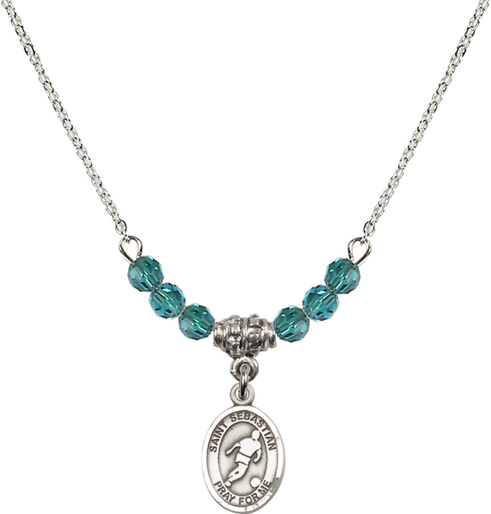 Sterling Silver Saint Sebastian/Soccer Birthstone Necklace with Zircon Beads - 9164