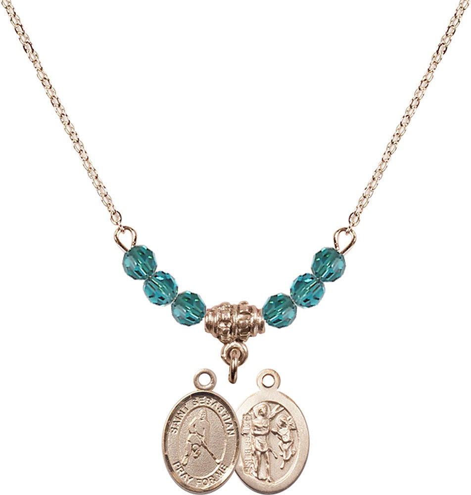 14kt Gold Filled Saint Sebastian/Ice Hockey Birthstone Necklace with Zircon Beads - 9165