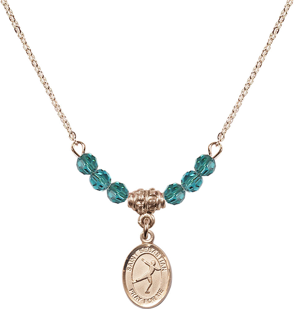 14kt Gold Filled Saint Sebastian/Figure Skating Birthstone Necklace with Zircon Beads - 9177