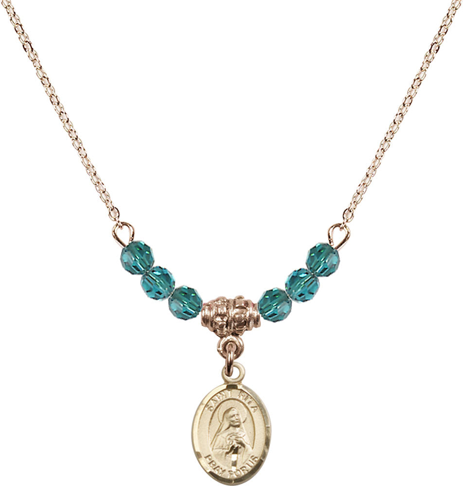 14kt Gold Filled Saint Rita / Baseball Birthstone Necklace with Zircon Beads - 9181