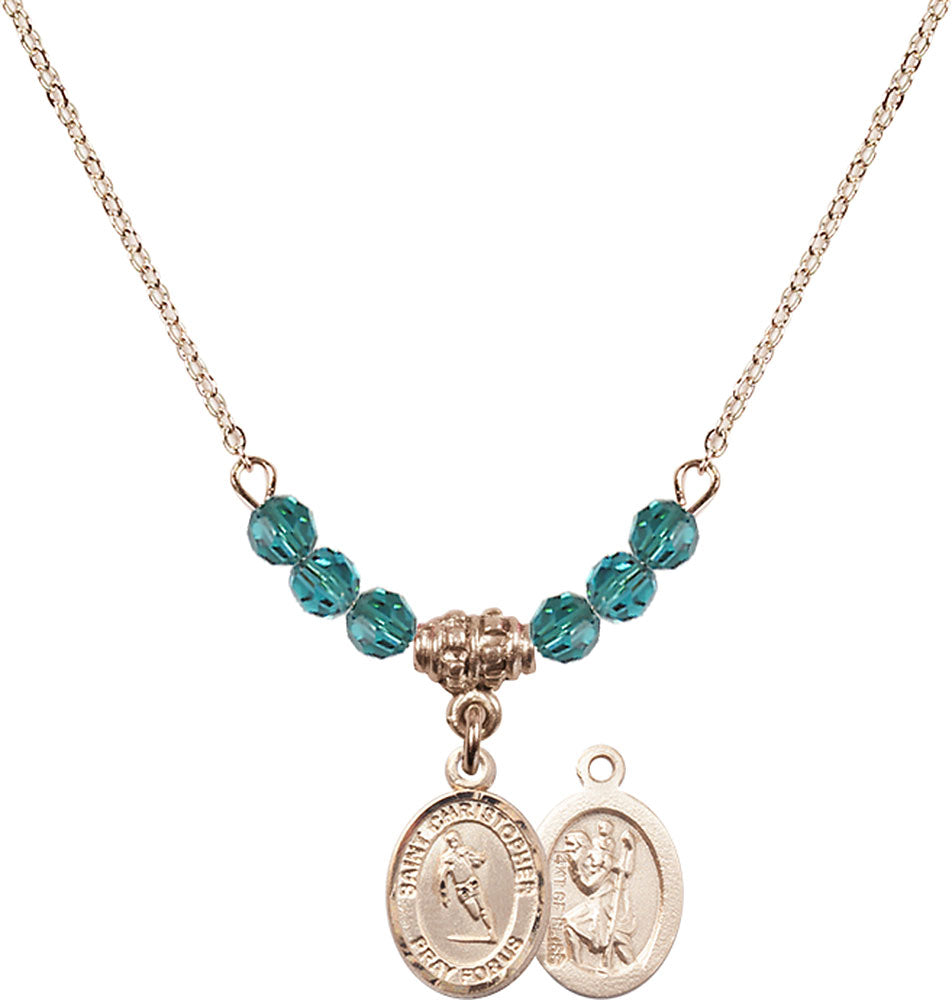 14kt Gold Filled Saint Christopher / Rugby Birthstone Necklace with Zircon Beads - 9194