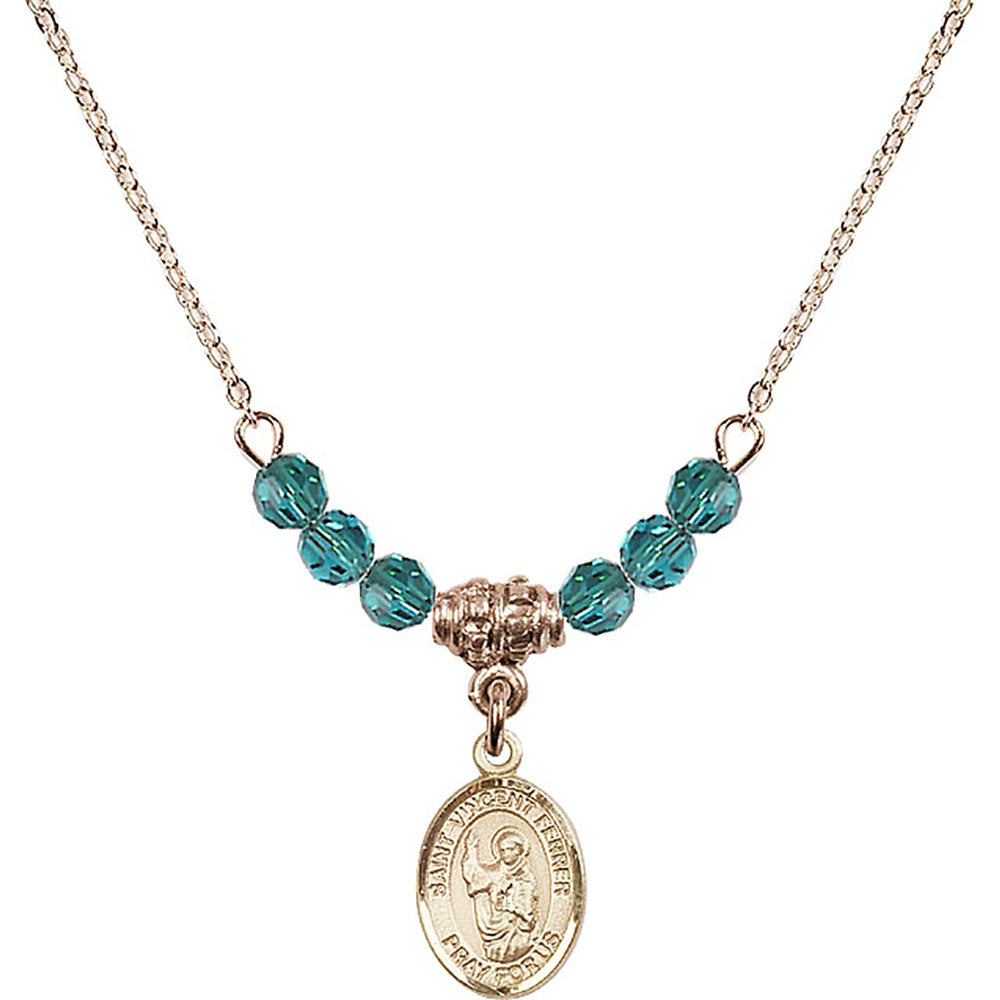 14kt Gold Filled Saint Vincent Ferrer Birthstone Necklace with Zircon Beads - 9201