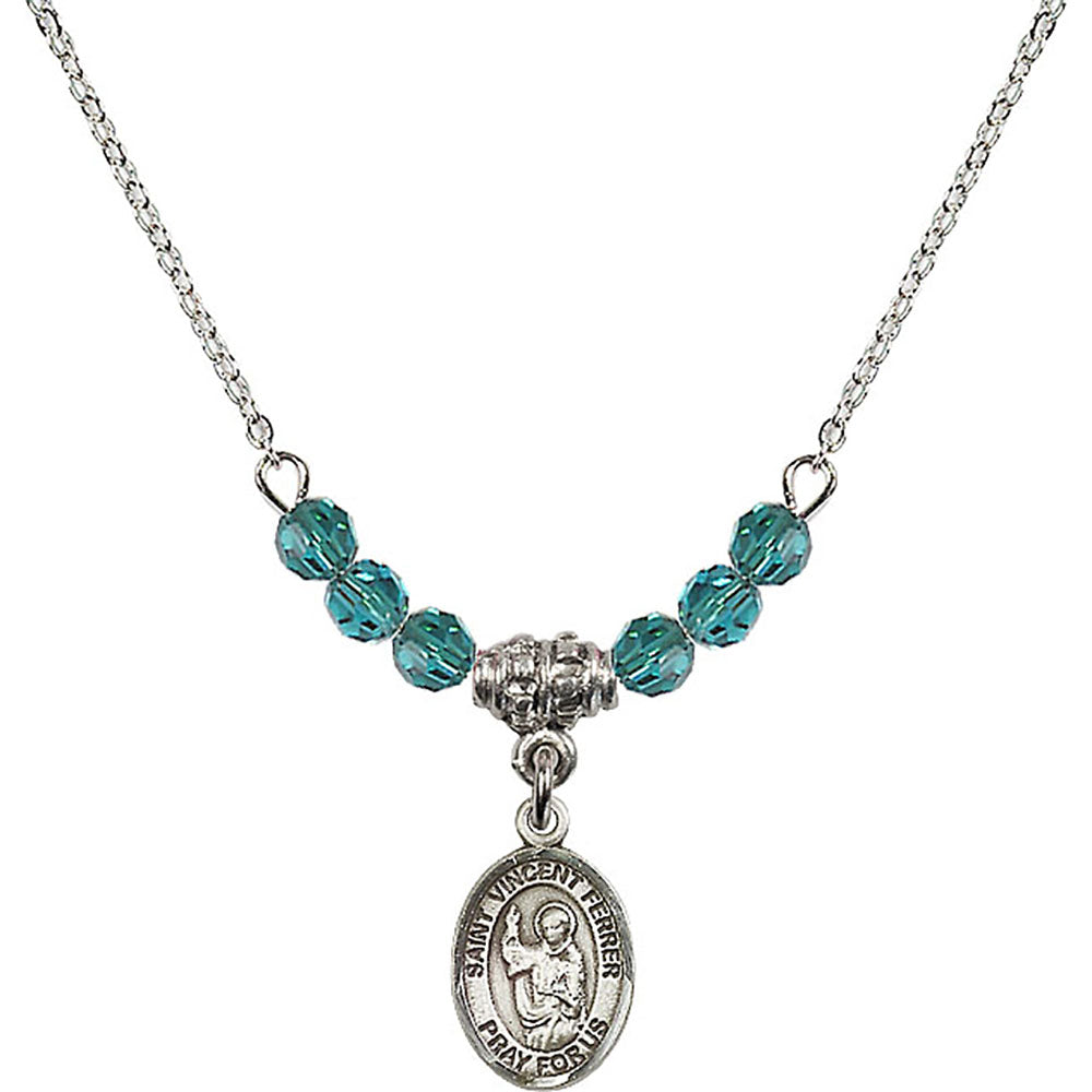 Sterling Silver Saint Vincent Ferrer Birthstone Necklace with Zircon Beads - 9201