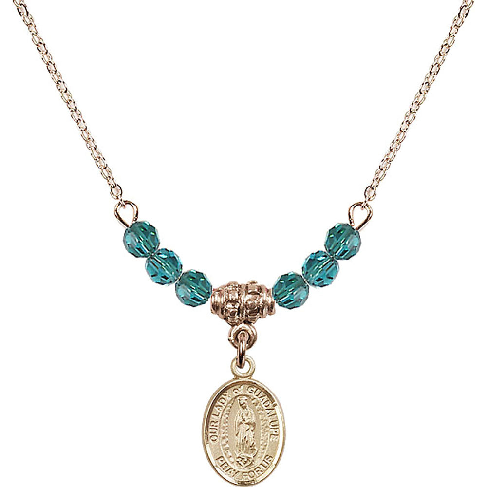 14kt Gold Filled Our Lady of Guadalupe Birthstone Necklace with Zircon Beads - 9206