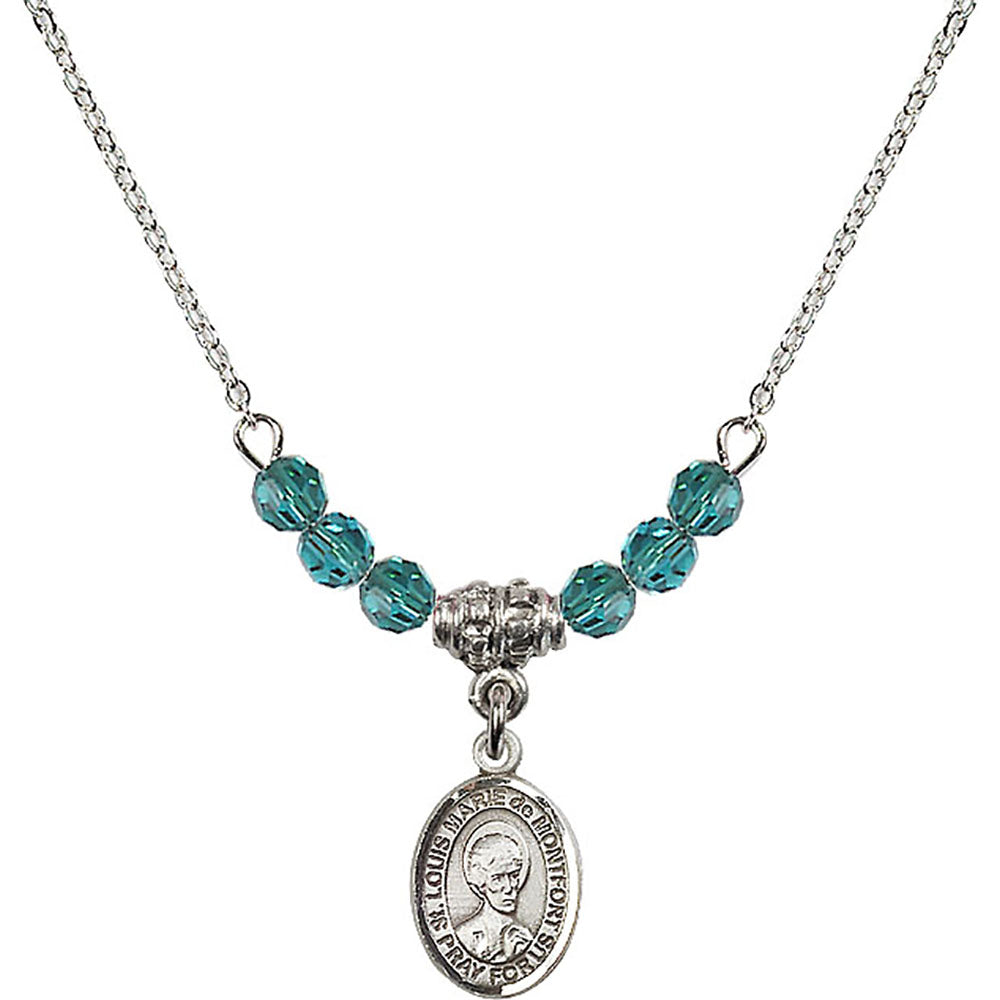 Sterling Silver Saint Louis Marie de Montfort Birthstone Necklace with Zircon Beads - 9330