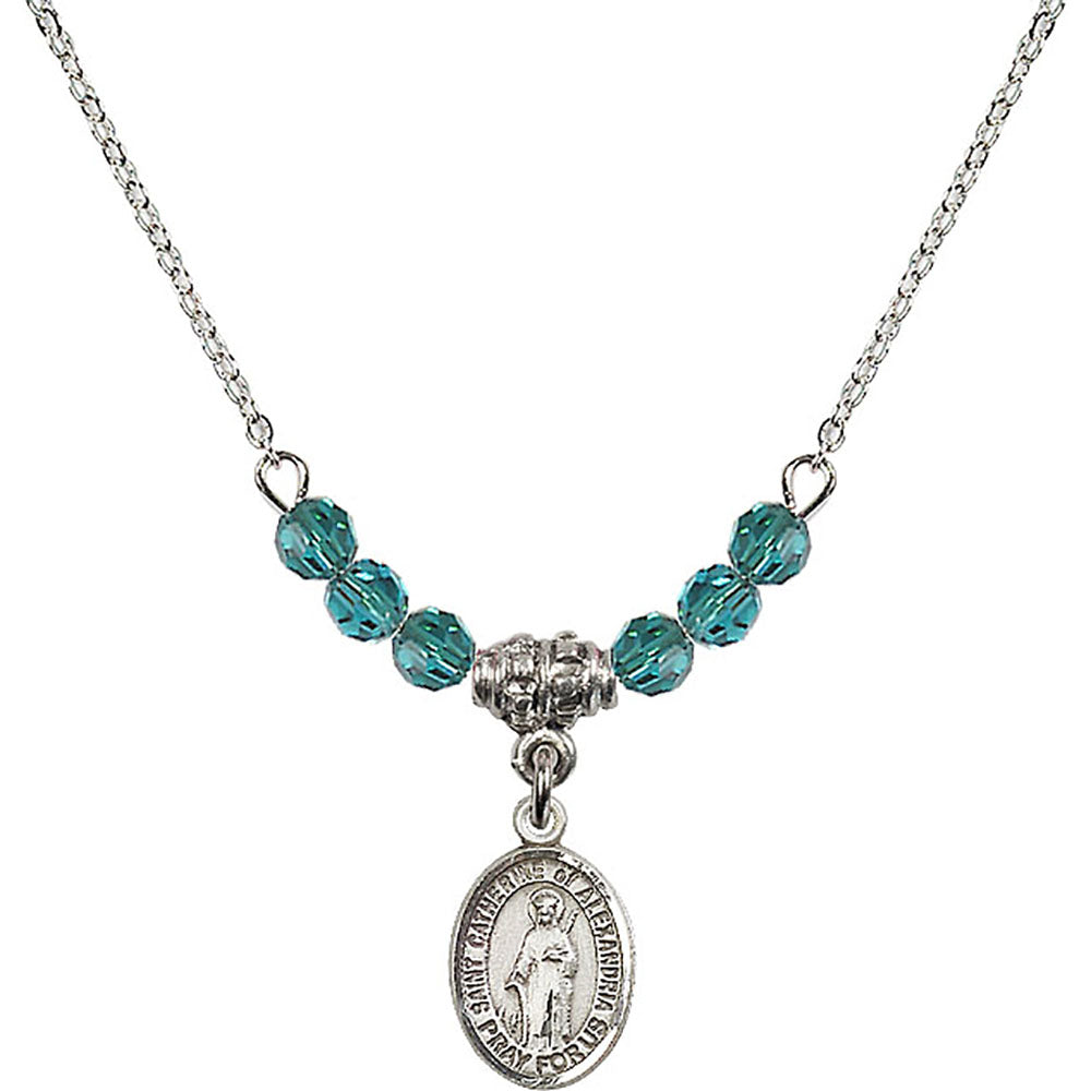 Sterling Silver Saint Catherine of Alexandria Birthstone Necklace with Zircon Beads - 9343