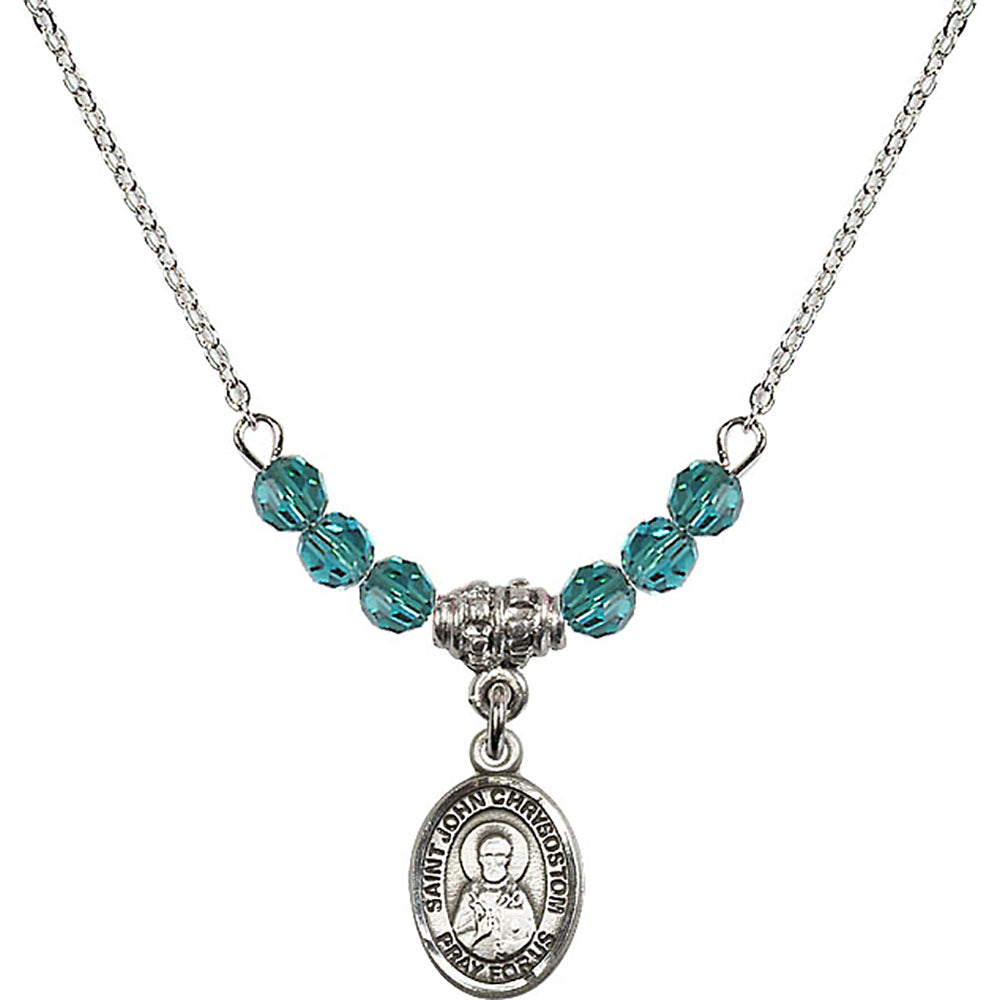 Sterling Silver Saint John Chrysostom Birthstone Necklace with Zircon Beads - 9357