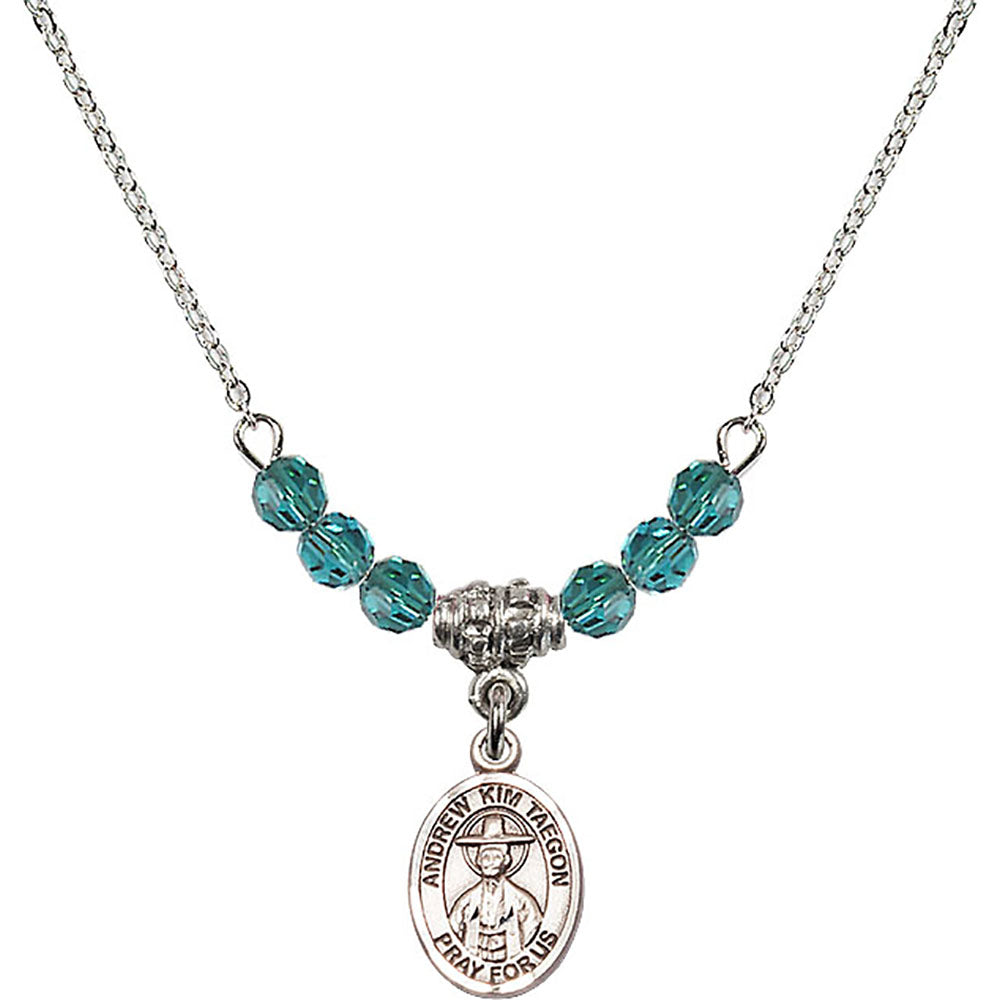 Sterling Silver Saint Andrew Kim Taegon Birthstone Necklace with Zircon Beads - 9373