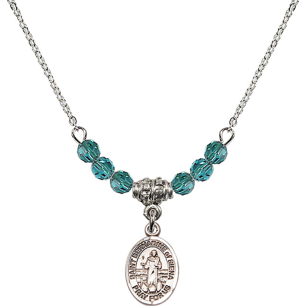 Sterling Silver Saint Bernadine of Sienna Birthstone Necklace with Zircon Beads - 9387