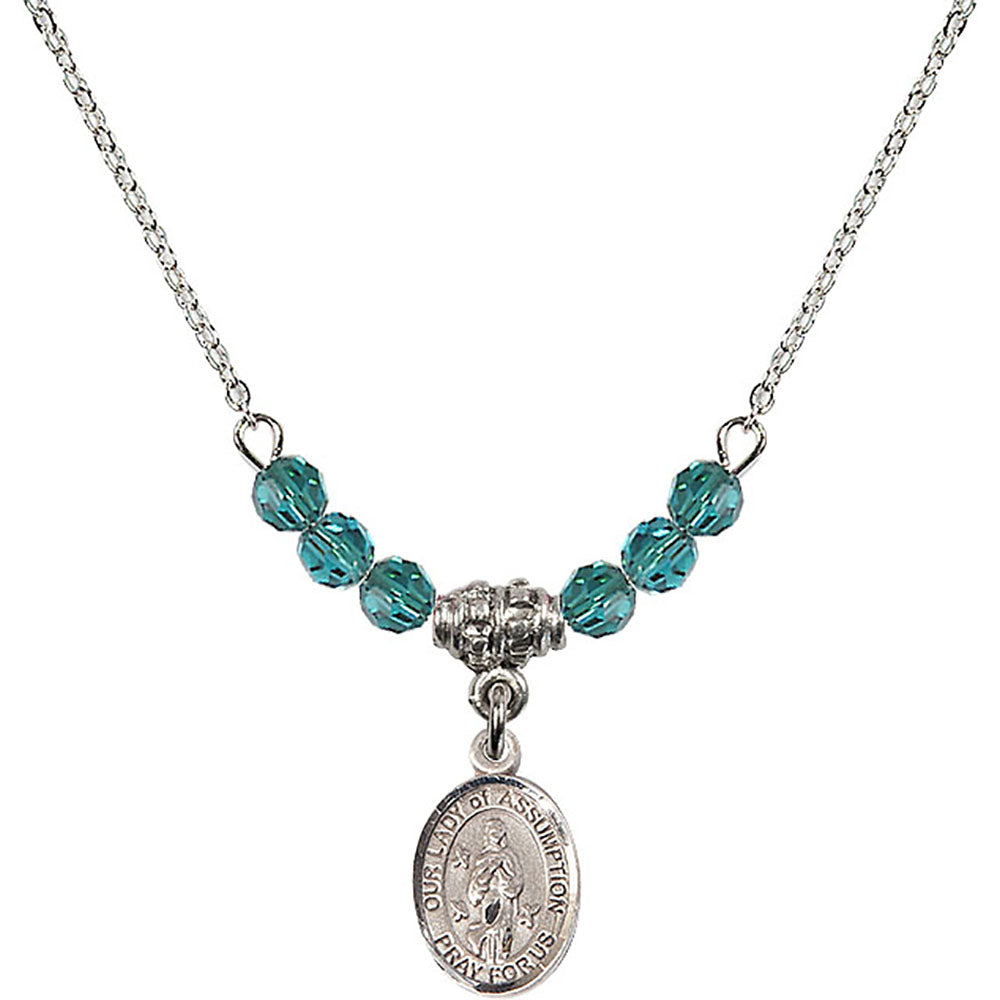 Sterling Silver Our Lady of Assumption Birthstone Necklace with Zircon Beads - 9388