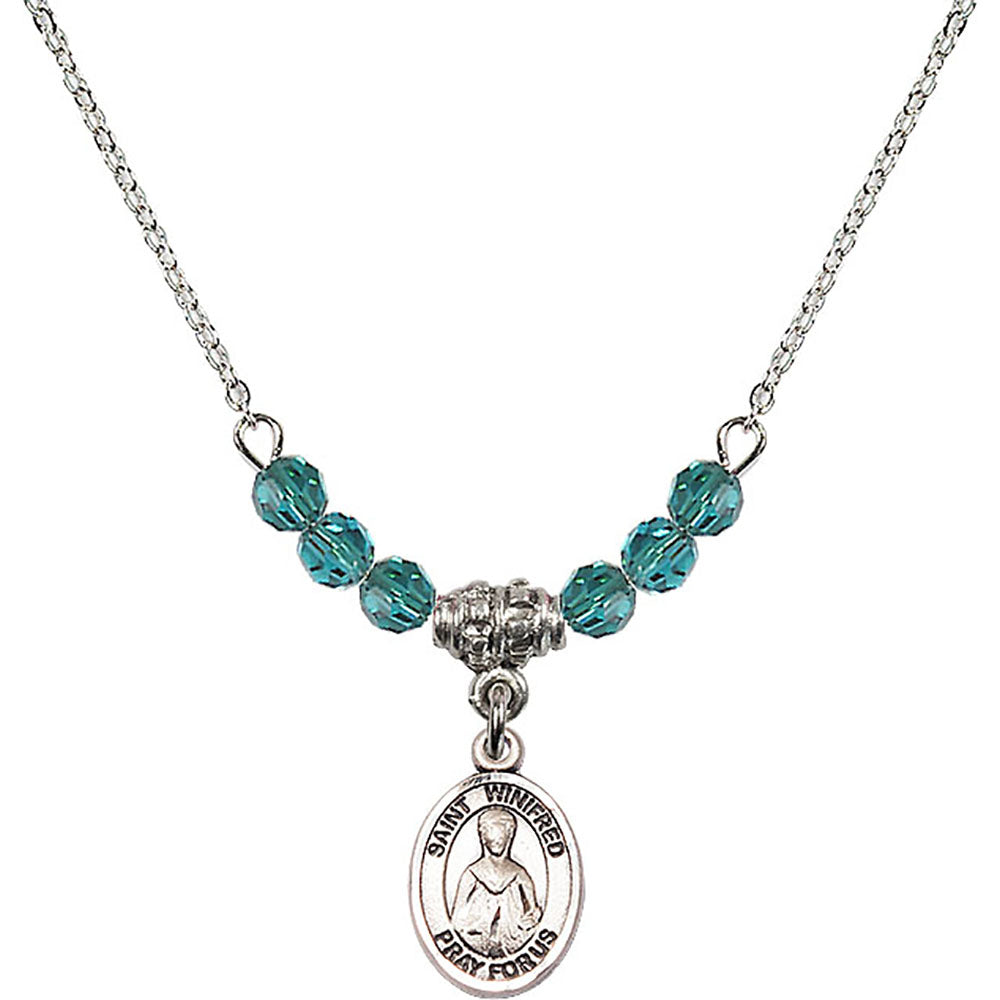 Sterling Silver Saint Winifred of Wales Birthstone Necklace with Zircon Beads - 9419