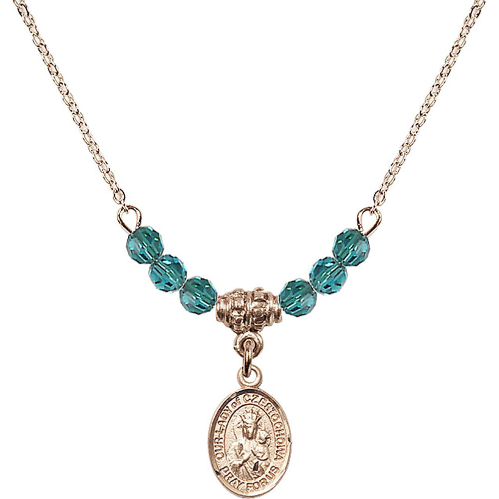14kt Gold Filled Our Lady of Czestochowa Birthstone Necklace with Zircon Beads - 9421