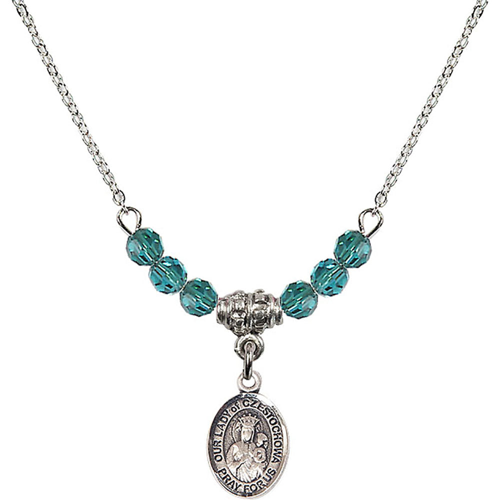 Sterling Silver Our Lady of Czestochowa Birthstone Necklace with Zircon Beads - 9421