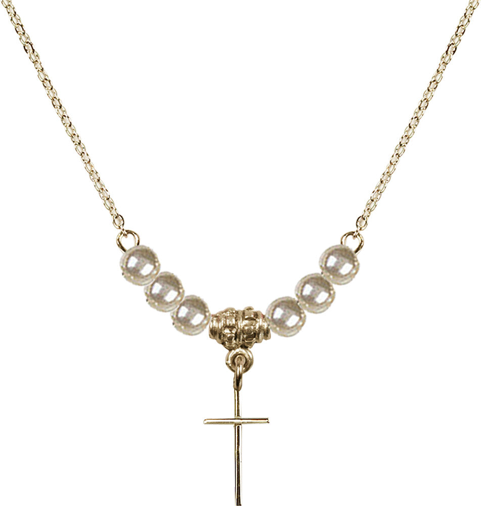 14kt Gold Filled Cross Birthstone Necklace with Faux-Pearl Beads - 0014