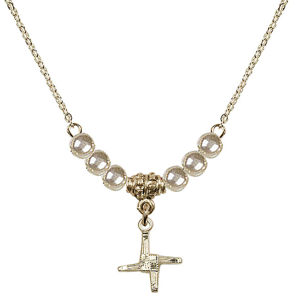 14kt Gold Filled Saint Brigid Cross Birthstone Necklace with Faux-Pearl Beads - 0291
