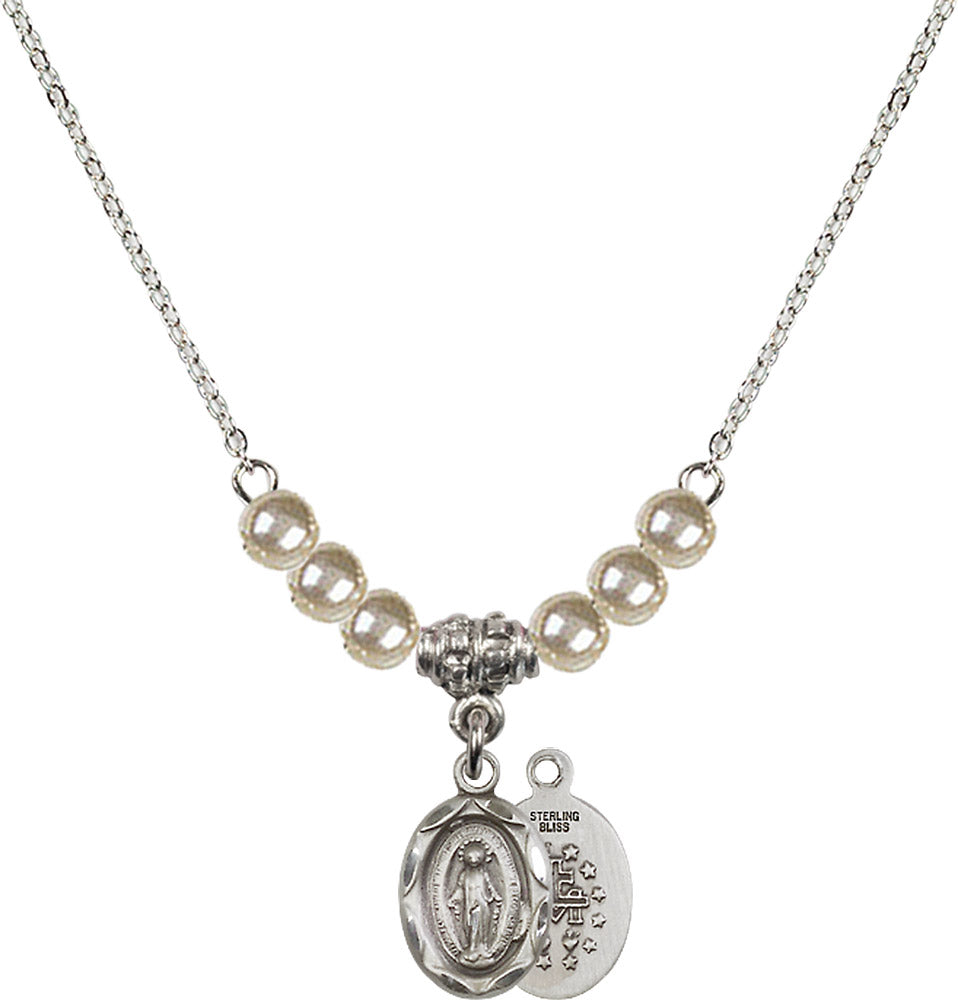 Sterling Silver Miraculous Birthstone Necklace with Faux-Pearl Beads - 0301