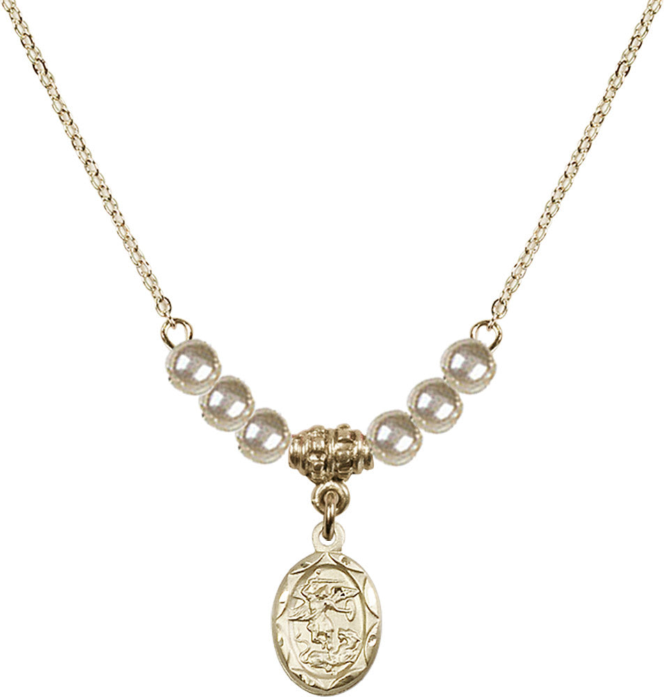14kt Gold Filled Saint Michael the Archangel Birthstone Necklace with Faux-Pearl Beads - 0301