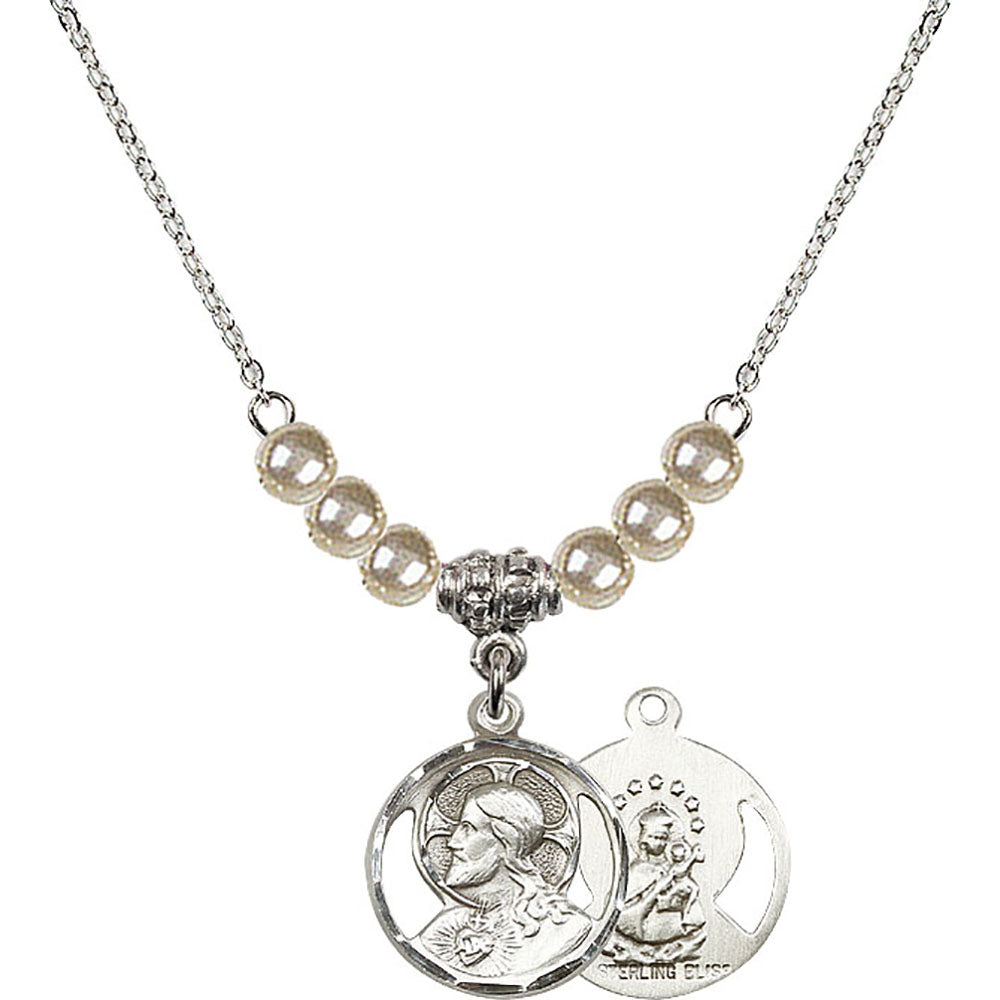 Sterling Silver Scapular Birthstone Necklace with Faux-Pearl Beads - 0611