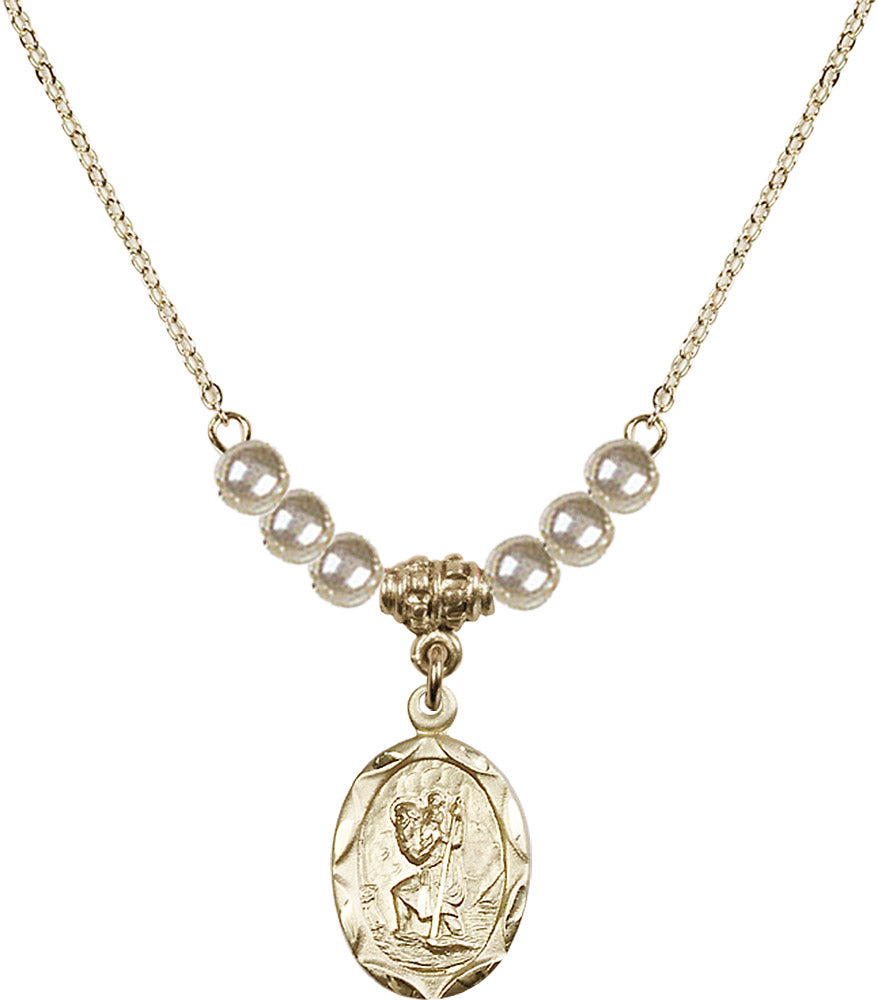 14kt Gold Filled Saint Christopher Birthstone Necklace with Faux-Pearl Beads - 0612