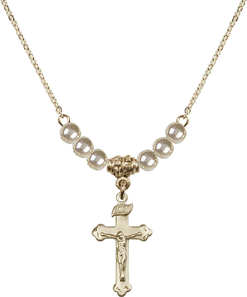14kt Gold Filled Crucifix Birthstone Necklace with Faux-Pearl Beads - 0669